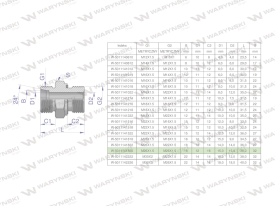 Przyłączka hydrauliczna metryczna BB (XGE) M26x1.5 18L x M26x1.5 ED Waryński ( sprzedawane po 2 )
