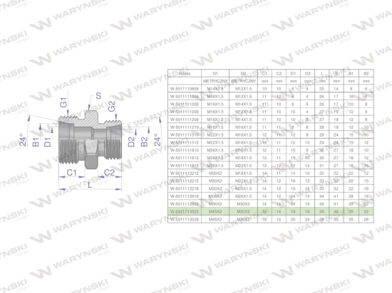 Złączka hydrauliczna redukcyjna metryczna BB M45x2 35L / M30x2 22L (XG) Waryński