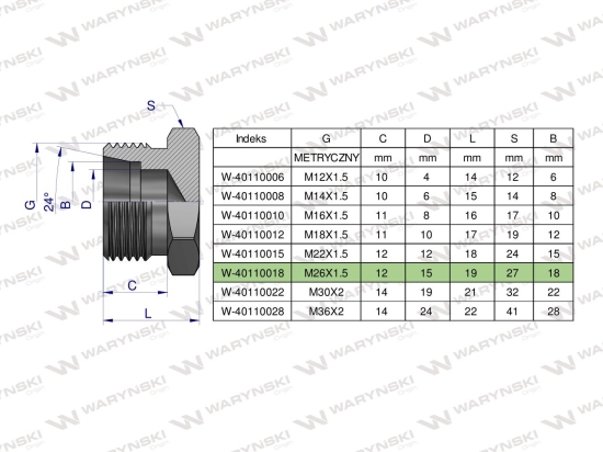 Korek hydrauliczny metryczny (na klucz) M26x1.5 18L Waryński ( sprzedawane po 5 )