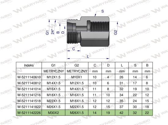 Tulejka różnicowa hydrauliczna metryczna AB 30x2 22L GZ x M26x1.5 GW Waryński