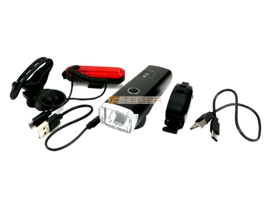 Zestaw lamp rowerowych LED przednia 2000 mAh i tylna 150mAh ładowane USB z klaksonem Teger