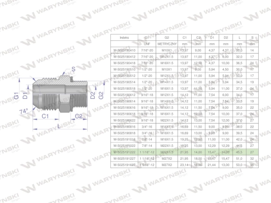 Przyłączka hydrauliczna BB 1 1/16"UNF (JIC) x M22x1.5 (XGE) Waryński ( sprzedawane po 2 )