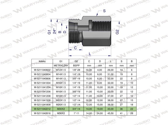 Tulejka różnicowa hydrauliczna AB M30x2 22L GZ x 3/4" BSP GW Waryński