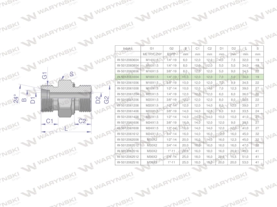 Przyłączka hydrauliczna (odmiana ciężka XGE) BB M18x1.5 10S x 1/4" BSP ED Waryński ( sprzedawane po 5 )