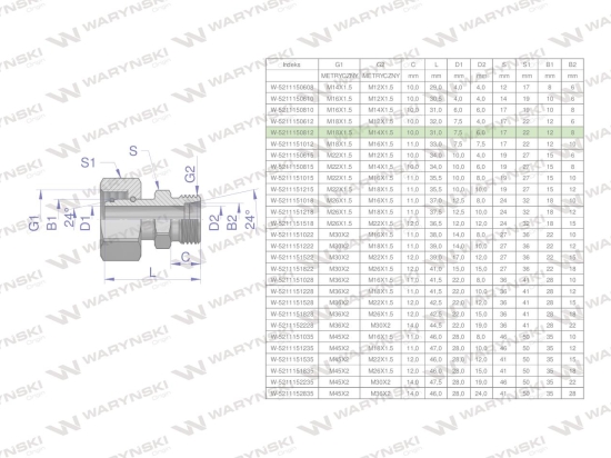 Złączka hydrauliczna metryczna AB (XKOR) A-M18x1.5 12L / B-M14x1.5 08L Waryński ( sprzedawane po 2 )