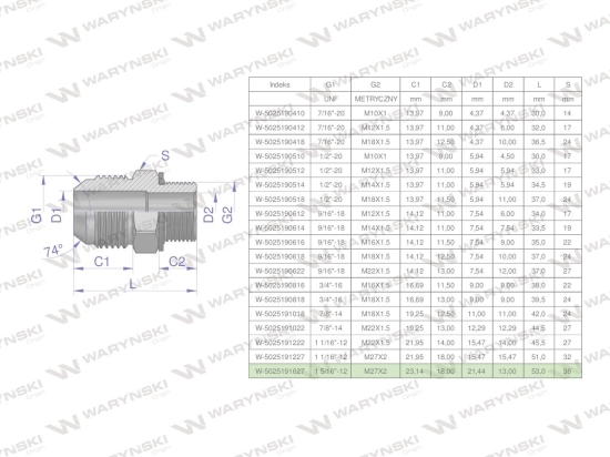 Przyłączka hydrauliczna BB 1 5/16"UNF (JIC) x M27x2 (XGE) Waryński ( sprzedawane po 2 )