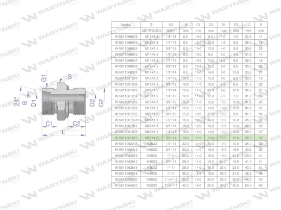 Przyłączka hydrauliczna BB (XGE) M26x1.5 18L x 3/4" BSP ED Waryński ( sprzedawane po 2 )
