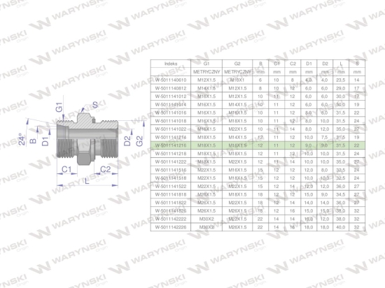 Przyłączka hydrauliczna metryczna BB (XGE) M18x1.5 12L x M16x1.5 ED Waryński ( sprzedawane po 10 )