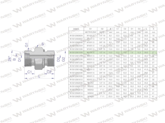 Przyłączka hydrauliczna (odmiana ciężka XGE) BB M18x1.5 10S x 1/2" BSP ED Waryński ( sprzedawane po 5 )
