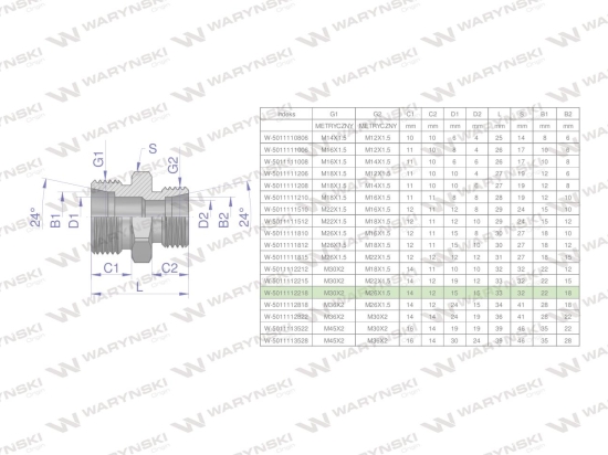 Złączka hydrauliczna redukcyjna metryczna BB M30x2 22L / M26x1.5 18L (XG) Waryński
