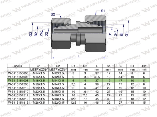 Złączka hydrauliczna metryczna AA M16x1.5 10L x M14x1.5 08L Waryński ( sprzedawane po 2 )