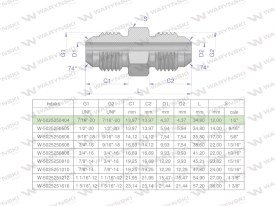 Złączka hydrauliczna calowa BB 7/16" UNF (JIC) Waryński ( sprzedawane po 2 )