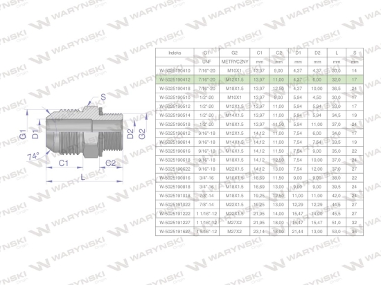 Przyłączka hydrauliczna BB 7/16"UNF (JIC) x M12x1.5 (XGE) Waryński ( sprzedawane po 2 )