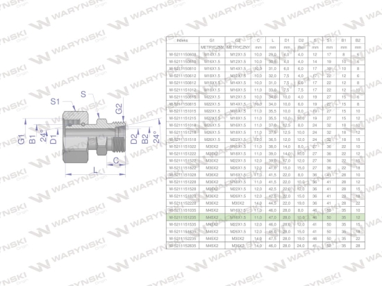 Złączka hydrauliczna metryczna AB (XKOR) A-M45x2 35L / B-M18x1.5 12L Waryński
