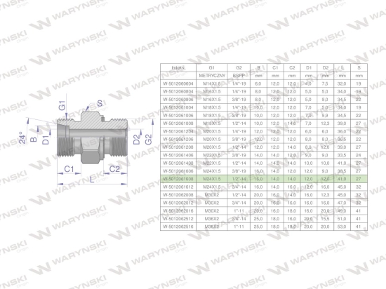 Przyłączka hydrauliczna (odmiana ciężka XGE) BB M24x1.5 16S x 1/2" BSP ED Waryński ( sprzedawane po 5 )