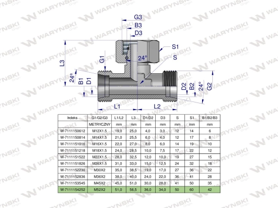 Trójnik hydrauliczny symetryczny metryczny BAB M52x2 42L (XEVT) Waryński