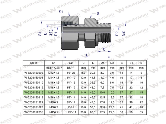 Przyłączka hydrauliczna AB (EVGE) M22x1.5 15L x 1/2" BSP ED Waryński ( sprzedawane po 2 )