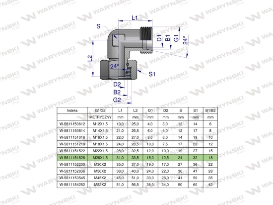 Kolanko hydrauliczne metryczne AB M26x1.5 18L (XEVW) Waryński