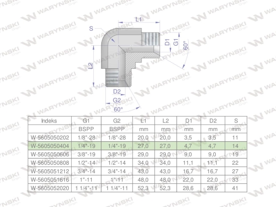 Kolanko hydrauliczne calowe BB 1/4" BSP (XW) Waryński ( sprzedawane po 2 )