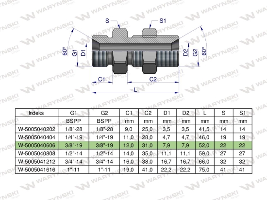 Złączka hydrauliczna calowa grodziowa BB 3/8" BSP z przeciwnakrętką (XSV) Waryński ( sprzedawane po 2 )