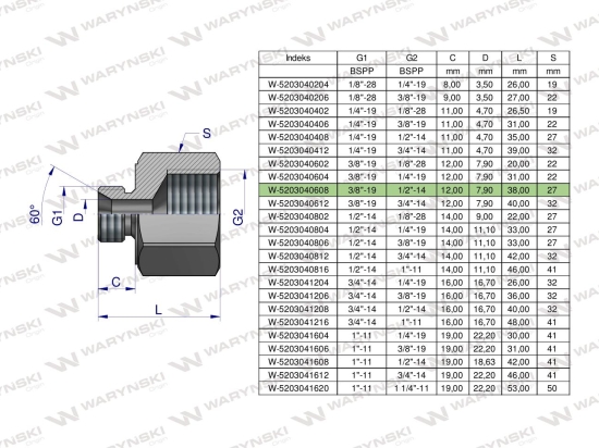 Tulejka różnicowa hydrauliczna calowa AB 3/8"GZ x 1/2"GW BSP Waryński ( sprzedawane po 2 )