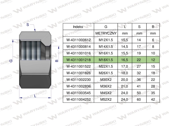 Nakrętka hydrauliczna metryczna (M12L) M18x1.5 12L Waryński ( sprzedawane po 20 )