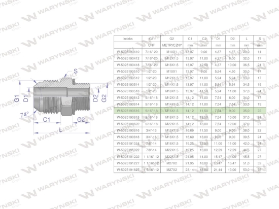 Przyłączka hydrauliczna BB 9/16"UNF (JIC) x M16x1.5 (XGE) Waryński ( sprzedawane po 2 )