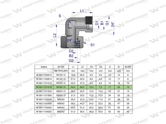 Kolanko hydrauliczne metryczne AB M18x1.5 12L (XEVW) Waryński ( sprzedawane po 5 )