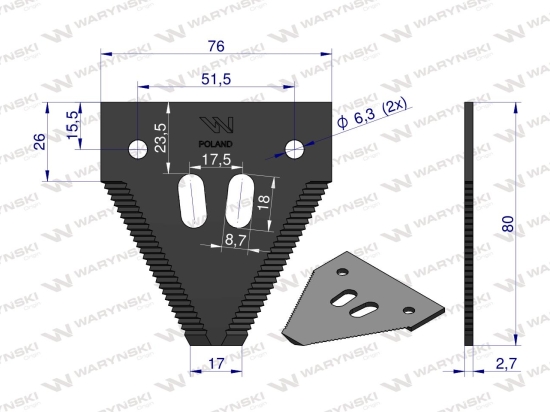 Nóż żniwny 80x76x2.7mm otwór 6.5 zastosowanie 1096606 420100046 Schumacher WARYŃSKI ( sprzedawane po 25 )