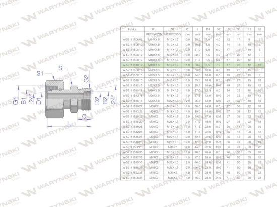 Złączka hydrauliczna metryczna AB (XKOR) A-M18x1.5 12L / B-M16x1.5 10L Waryński ( sprzedawane po 2 )