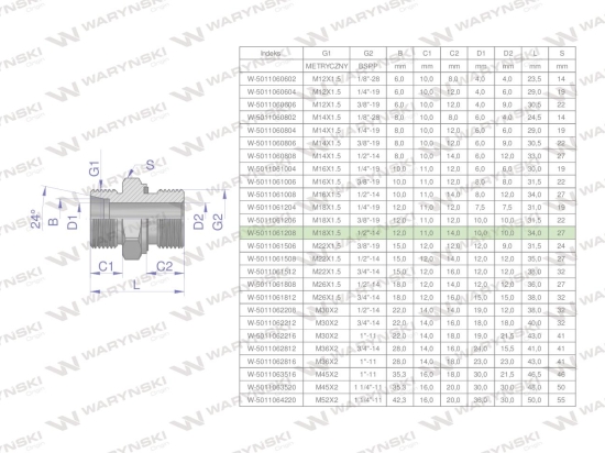 Przyłączka hydrauliczna BB (XGE) M18x1.5 12L x 1/2" BSP ED Waryński ( sprzedawane po 10 )
