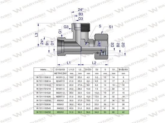 Trójnik hydrauliczny niesymetryczny metryczny BBA M52x4 42L (XEVL) Waryński