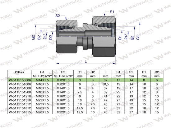 Złączka hydrauliczna metryczna AA M14x1.5 08L x M12x1.5 06L Waryński ( sprzedawane po 2 )