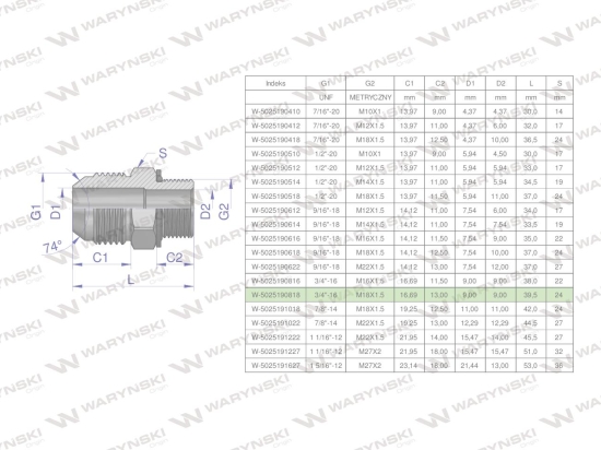 Przyłączka hydrauliczna BB 3/4"UNF (JIC) x M18x1.5 (XGE) Waryński ( sprzedawane po 2 )