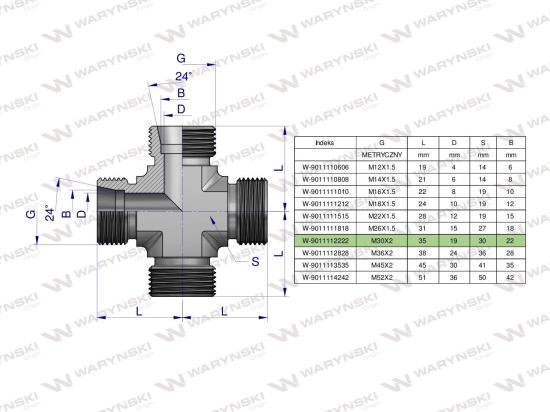 Czwórnik hydrauliczny metryczny BBBB M30x2 22L Waryński