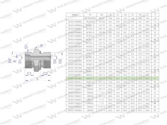 Przyłączka hydrauliczna BB (XGE) M26x1.5 18L x 1/2" BSP ED Waryński ( sprzedawane po 2 )