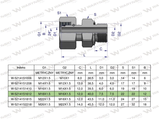 Przyłączka hydrauliczna metryczna AB (EVGE) M18x1.5 12L x M16x1.5 ED Waryński ( sprzedawane po 2 )
