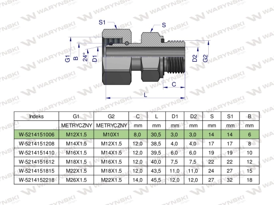 Przyłączka hydrauliczna metryczna AB (EVGE) M12x1.5 06L x M10x1 ED Waryński ( sprzedawane po 2 )