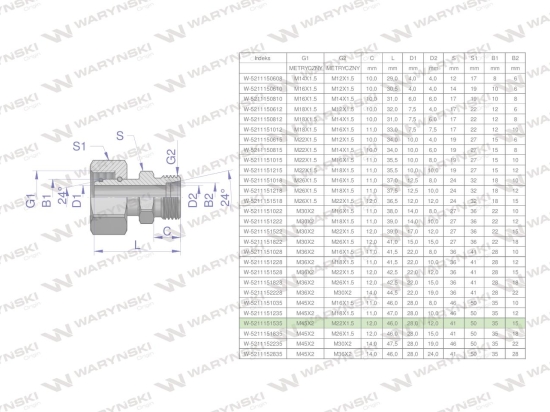 Złączka hydrauliczna metryczna AB (XKOR) A-M45x2 35L / B-M22x1.5 15L Waryński