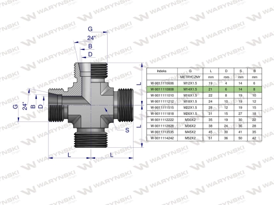 Czwórnik hydrauliczny metryczny BBBB M14x1.5 08L Waryński