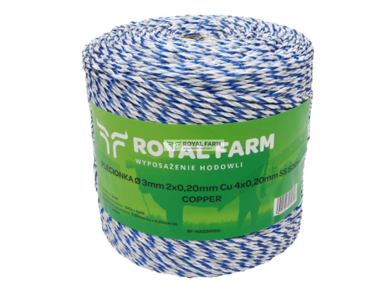 Plecionka, do elektryzatora 3mm, 2x0,20mm Cu, 4x0,20mm SS biało-niebieska 500m, Royal Farm