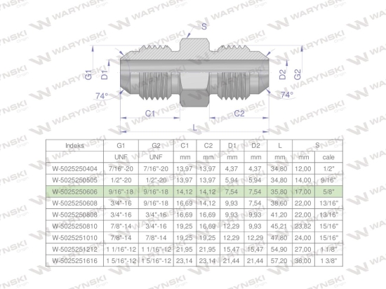 Złączka hydrauliczna calowa BB 9/16" UNF (JIC) Waryński ( sprzedawane po 2 )
