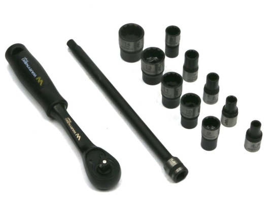 Zestaw 12 el. nasadki 1/4  przedłużka 12 cm grzechotka 4.5 5 6 7 8 9 10 11 13 14 Waryński