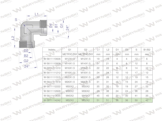 Kolanko hydrauliczne metryczne BB M52x2 42L (XW) Waryński
