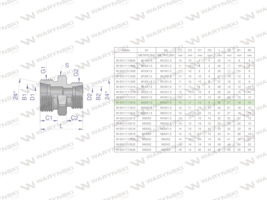 Złączka hydrauliczna redukcyjna metryczna BB M26x1.5 18L / M16x1.5 10L (XG) Waryński ( sprzedawane po 2 )