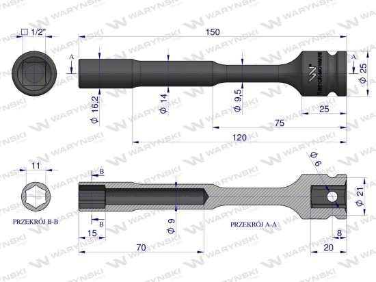 Nasadka udarowa 1/2", sześciokątna slim przelotowa ze stali CrMo 11mm długość 150 mm, stosowane w mechanice do kluczy udarowych, Waryński