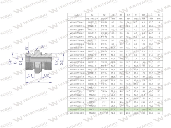 Przyłączka hydrauliczna BB (XGE) M45x2 35L x 1 1/4" BSP ED Waryński