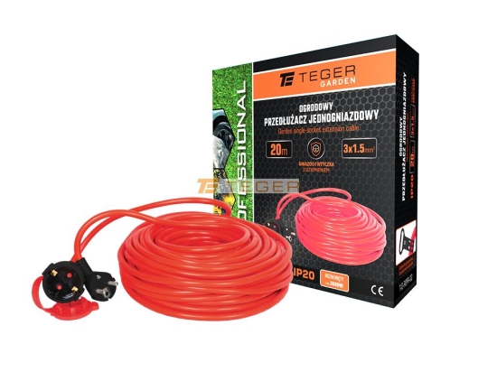 Przedłużacz jednogniazdowy, ogrodowy PROFESSIONAL, 3X1,5mm, IP20, H05VV-F, z uziemieniem, cert. CE / 20M, Teger
