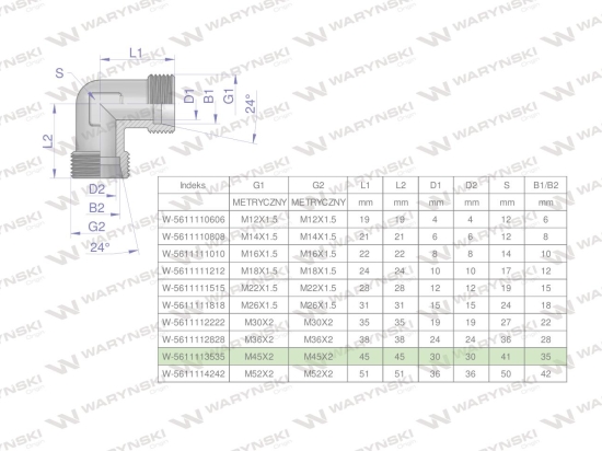 Kolanko hydrauliczne metryczne BB M45x2 35L (XW) Waryński