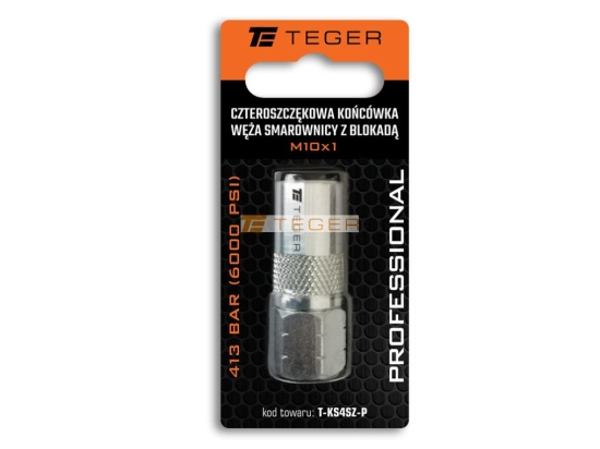Czteroszczękowa końcówka węża smarownicy z blokadą M10x1. 413 BAR (6000 PSI) Professional TEGER